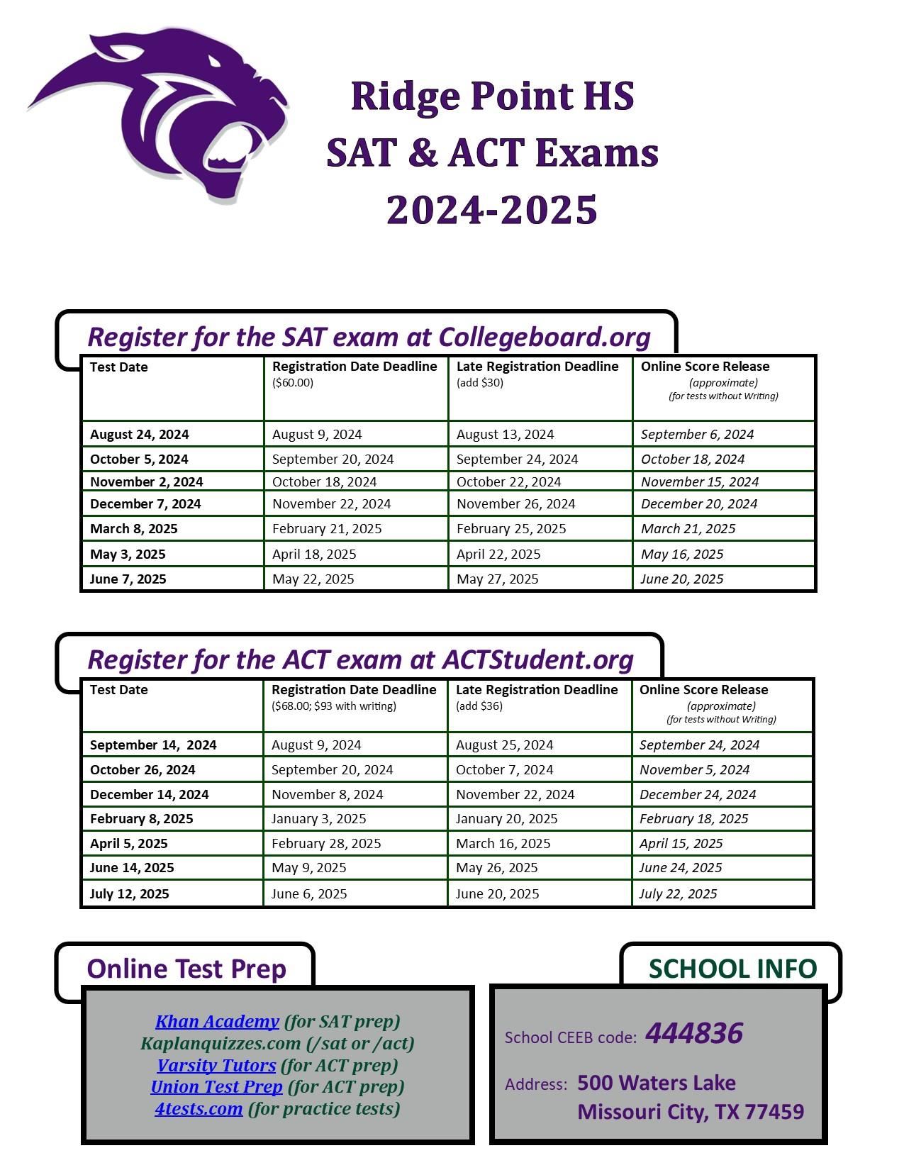 ACT and SAT exam dates